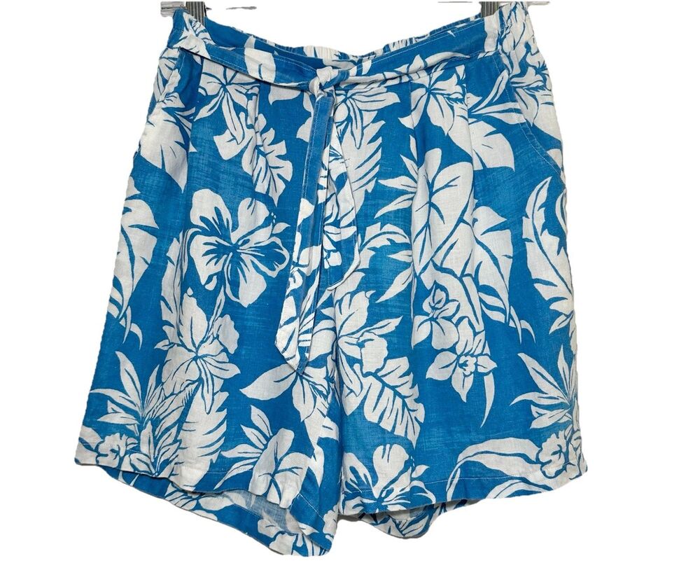Margaritaville 100% Linen Tropical Floral Pull On Shorts Blue White Pockets S